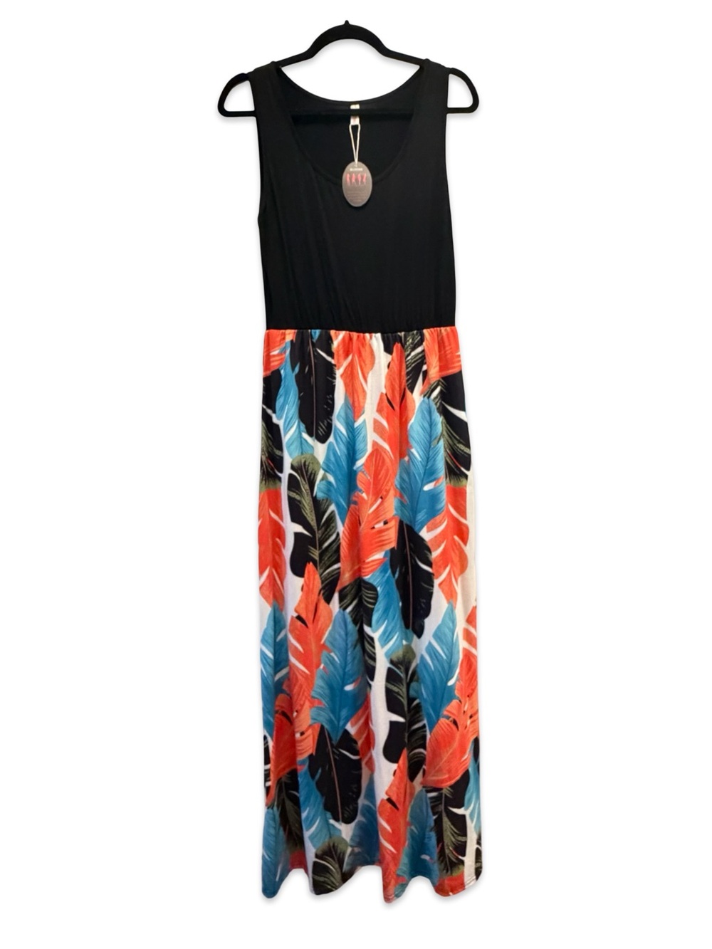 NWT Colorful Tropical Leaf Print Sleeveless Maxi Dress Women's Size L Resort